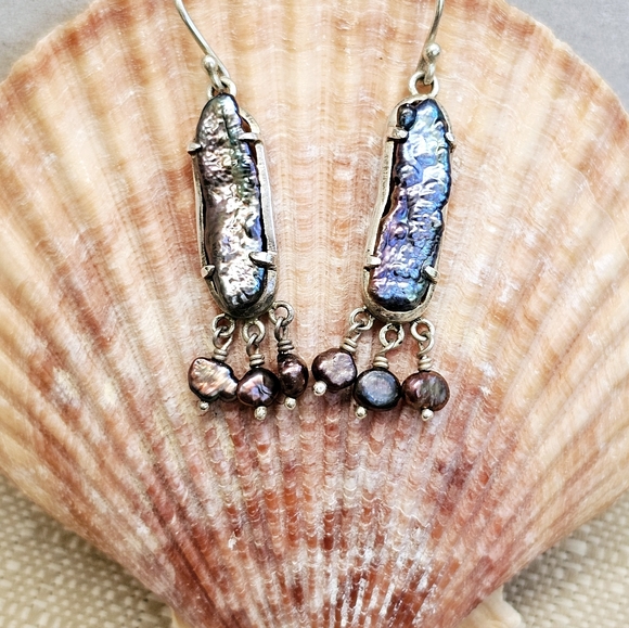 Peacock Stick Natural Pearls Dangle Earrings 925 - Picture 3 of 15